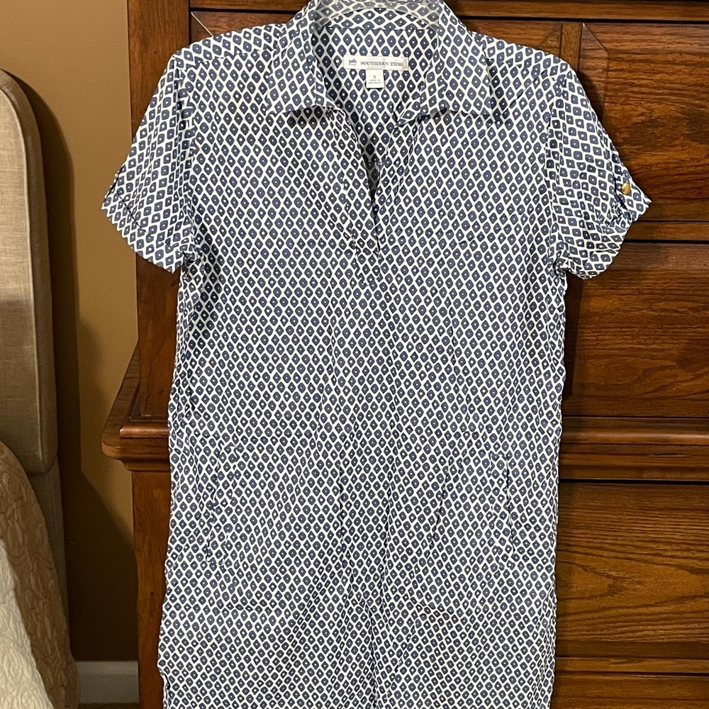 Southern Tide Navy and White Geometric Polo Dress